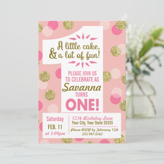 Roze en gouden Confetti eerste verjaardag Kaart (Staand voorkant)