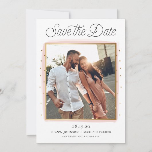 Roze en Gouden Confetti Foto Save the Date Kaart (Voorkant)