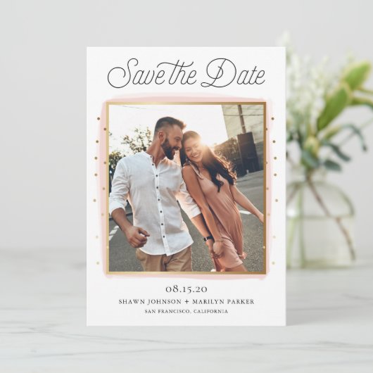 Roze en Gouden Confetti Foto Save the Date Kaart (Staand voorkant)