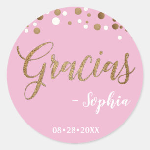 Roze en Gouden Confetti Gracias Dank je verjaardag Ronde Sticker