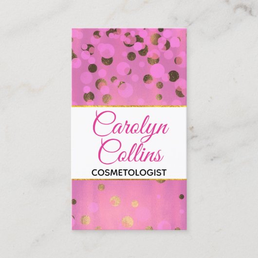 Roze en gouden confetti visitekaartje met glamour (Voorkant)