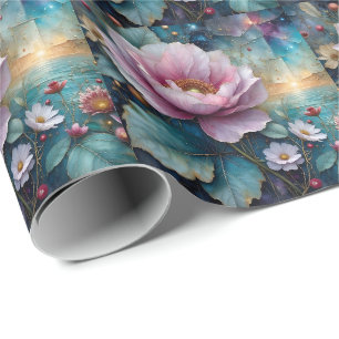 Roze en gouden Cosmos Turquoise Bladeren Cadeaupapier