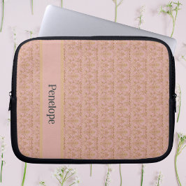 Roze en Gouden Damast Gepersonaliseerd Laptop Sleeve