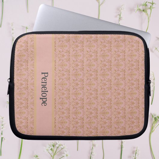 Roze en Gouden Damast Gepersonaliseerd Laptop Sleeve