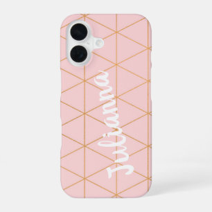 Roze en Gouden Diamant Raster Lijn Gepersonaliseer iPhone 16 Hoesje