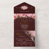 Roze en gouden diamanten bloem bruiloft all in one uitnodiging (Binnen)
