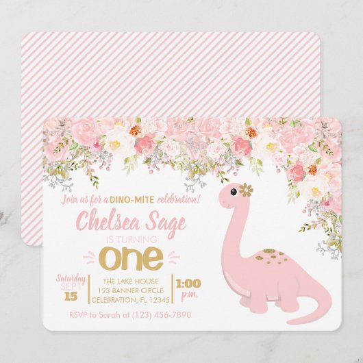 Roze en gouden dinosaurus Floral Girl Kaart (Voorkant / Achterkant)