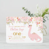 Roze en gouden dinosaurus Floral Girl Kaart (Staand voorkant)