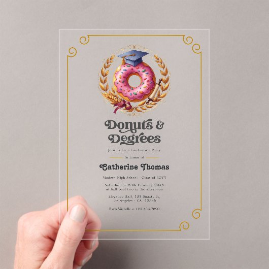 Roze en gouden donuts en graden afstudeerfeest acryl uitnodigingen (Insitu (Draagbaar))