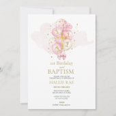 Roze en gouden doop en 1e verjaardag uitnodiging (Voorkant)