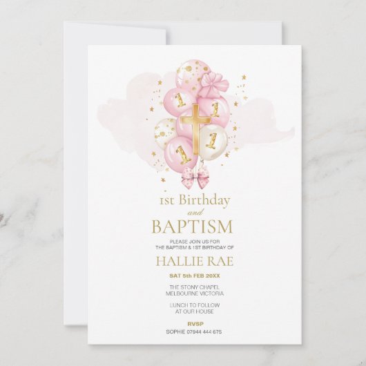 Roze en gouden doop en 1e verjaardag uitnodiging (Voorkant)