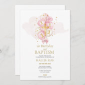 Roze en gouden doop en 1e verjaardag uitnodiging (Voorkant / Achterkant)