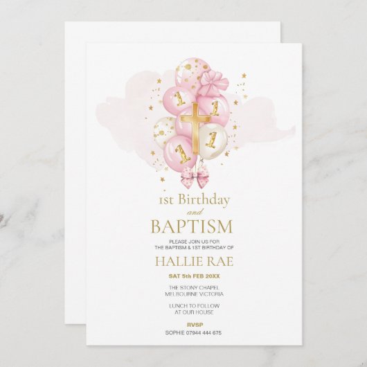 Roze en gouden doop en 1e verjaardag uitnodiging (Voorkant / Achterkant)