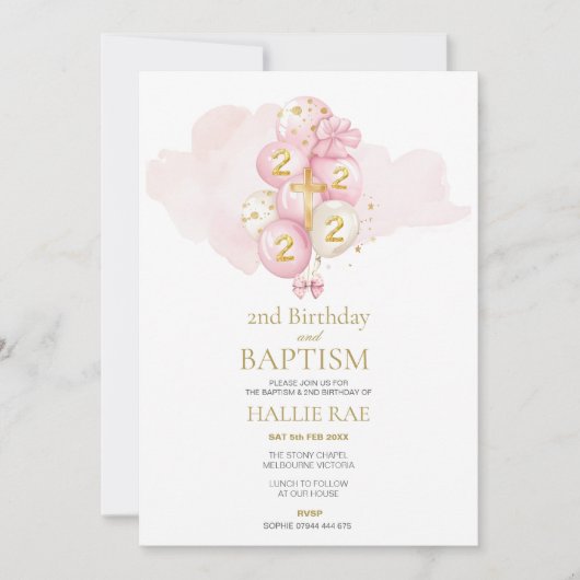 Roze en gouden doop en uitnodiging voor de tweede  (Voorkant)