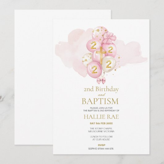 Roze en gouden doop en uitnodiging voor de tweede  (Voorkant / Achterkant)