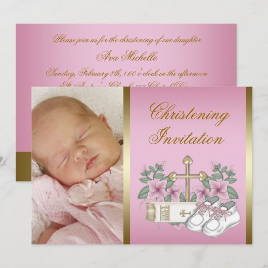 Roze en gouden doop kaart (Voorkant / Achterkant)