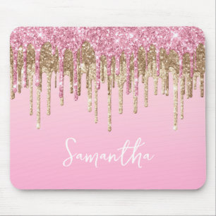 Roze en gouden druipende glitter glam naam muismat