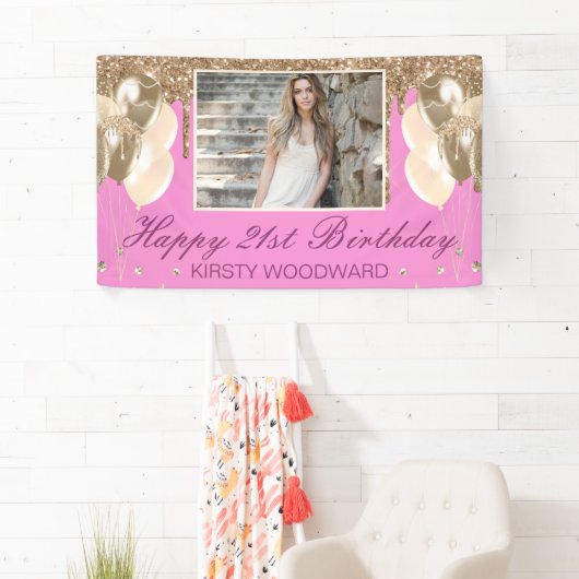 Roze en gouden druppelaar Glitter & Balloons Verja Spandoek (Insitu)