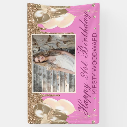 Roze en gouden druppelaar Glitter & Balloons Verja Spandoek (Verticaal)