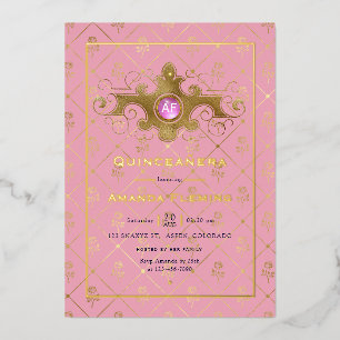 Roze en gouden edelsteen Quinceañera-monogram Folie Uitnodiging