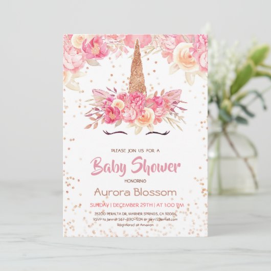 Roze en gouden eenhoorn Baby shower uitnodiging (Staand voorkant)