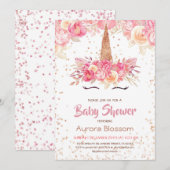 Roze en gouden eenhoorn Baby shower uitnodiging (Voorkant / Achterkant)