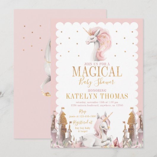 Roze en gouden eenhoorn babyshower uitnodiging (Voorkant / Achterkant)