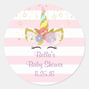 Roze en gouden eenhoornstickers voor baby shower ronde sticker