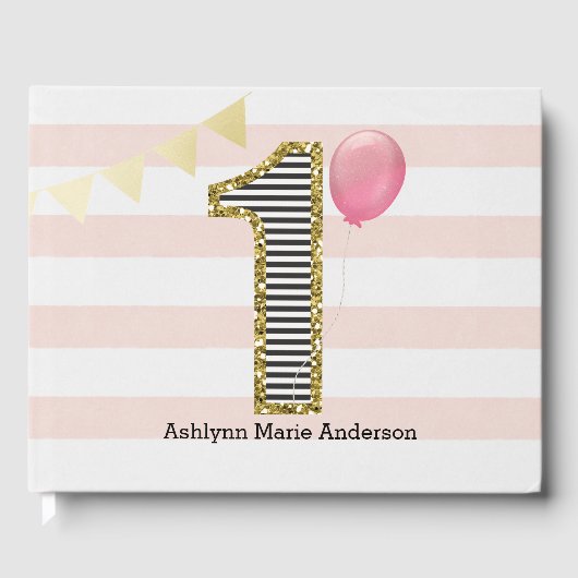 Roze en gouden eerste verjaardag gastenboek (Voorkant)