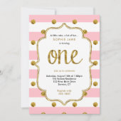 Roze en gouden Eerste verjaardag Glitter Uitnodigi Kaart (Voorkant)