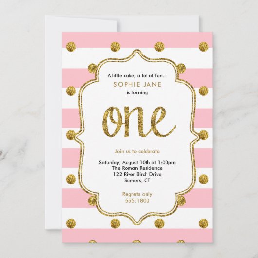 Roze en gouden Eerste verjaardag Glitter Uitnodigi Kaart (Voorkant)