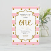 Roze en gouden Eerste verjaardag Glitter Uitnodigi Kaart (Staand voorkant)