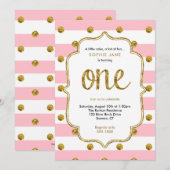 Roze en gouden Eerste verjaardag Glitter Uitnodigi Kaart (Voorkant / Achterkant)