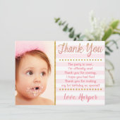 Roze en gouden eerste verjaardag Hartelijk dank Kaart (Staand voorkant)