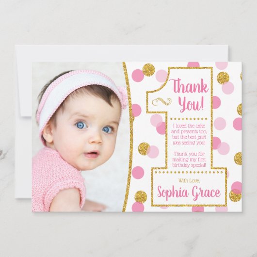 Roze en gouden eerste verjaardag Hartelijk dank Kaart (Voorkant)