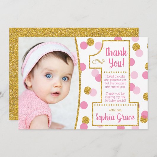 Roze en gouden eerste verjaardag Hartelijk dank Kaart (Voorkant / Achterkant)