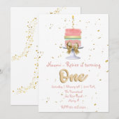 Roze en gouden eerste verjaardag kaart (Voorkant / Achterkant)