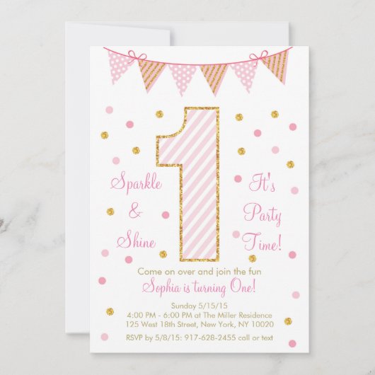 Roze en gouden eerste verjaardag kaart (Voorkant)