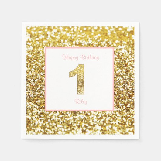 Roze en gouden eerste verjaardag servetten (Voorkant)