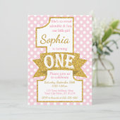 Roze en gouden eerste verjaardag uitnodiging (Staand voorkant)