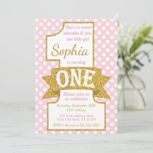 Roze en gouden eerste verjaardag uitnodiging (Staand voorkant)