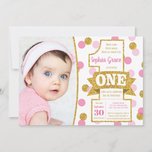 Roze en gouden eerste verjaardag uitnodiging | Con (Voorkant)