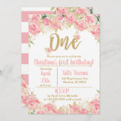 Roze en gouden eerste verjaardag uitnodigingen (Voorkant / Achterkant)