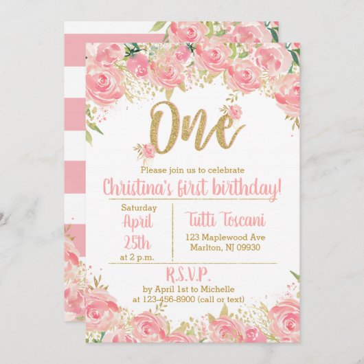 Roze en gouden eerste verjaardag uitnodigingen (Voorkant / Achterkant)