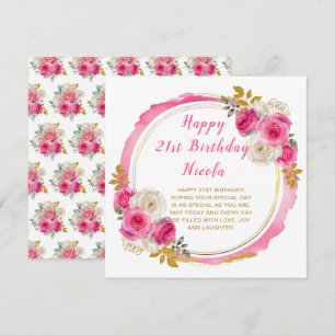 Roze en gouden elegante bloemen verjaardagsfeest kaart