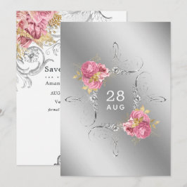 Roze en gouden en zilveren bloemige diamanten trou save the date