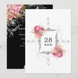 Roze en gouden en zilveren bloemige diamanten trou save the date