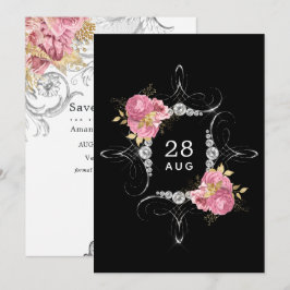 Roze en gouden en zilveren bloemige diamanten trou save the date