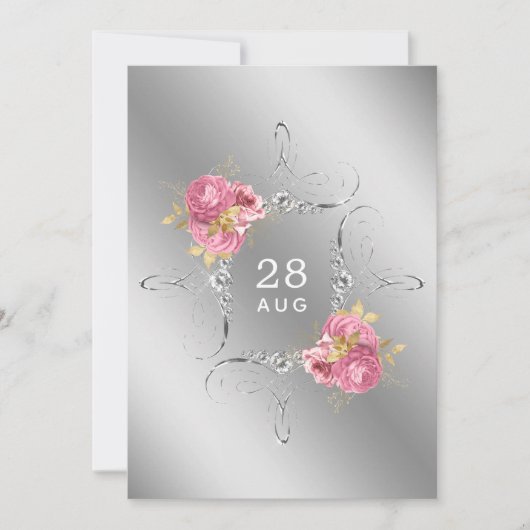 Roze en gouden en zilveren Floral Diamond Wedding Save The Date (Voorkant)