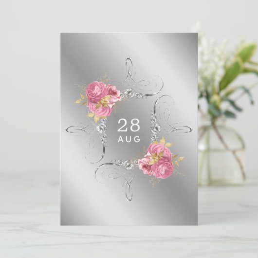 Roze en gouden en zilveren Floral Diamond Wedding Save The Date (Staand voorkant)